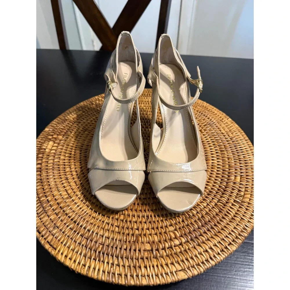 Franco Sarto Nude Patent Peep Toe Platform Heels Ankle Strap Pumps Size 8.5M